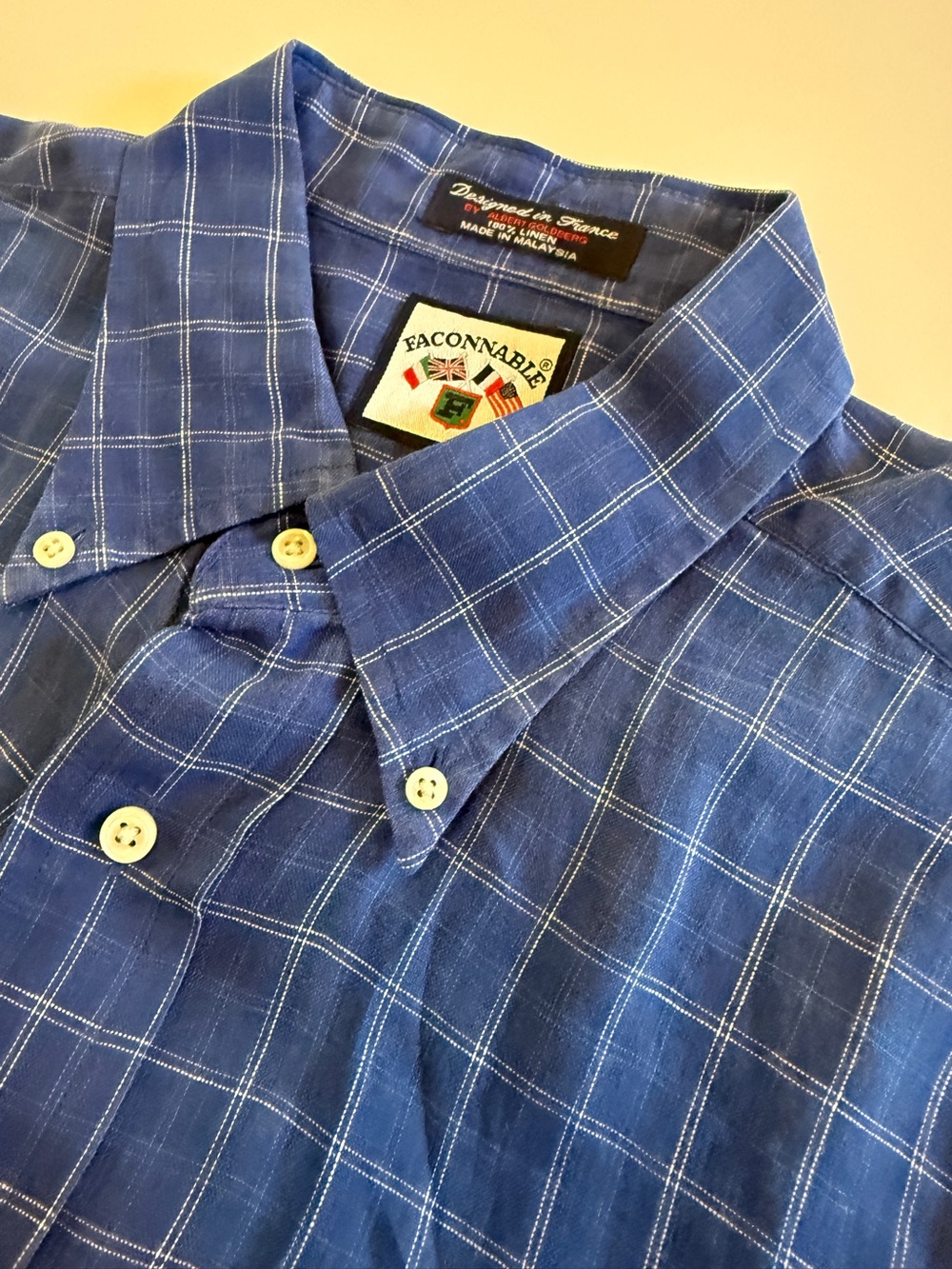 Faconnable Men’s Button-Down Shirt – Size Large – Blue Plaid – 100% Linen
